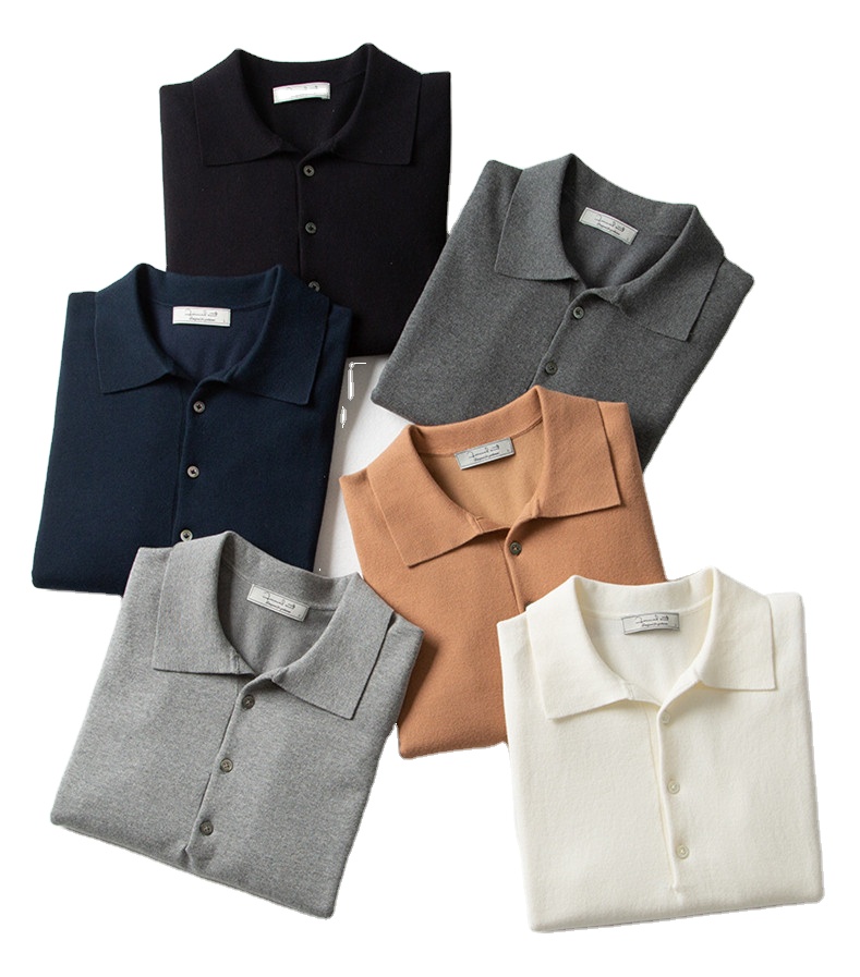 100% Cotton Thin Short Sleeve Button Lapel Polo Shirt Knitted Business Casual Slim Fit Men&#39;s T-shirt 