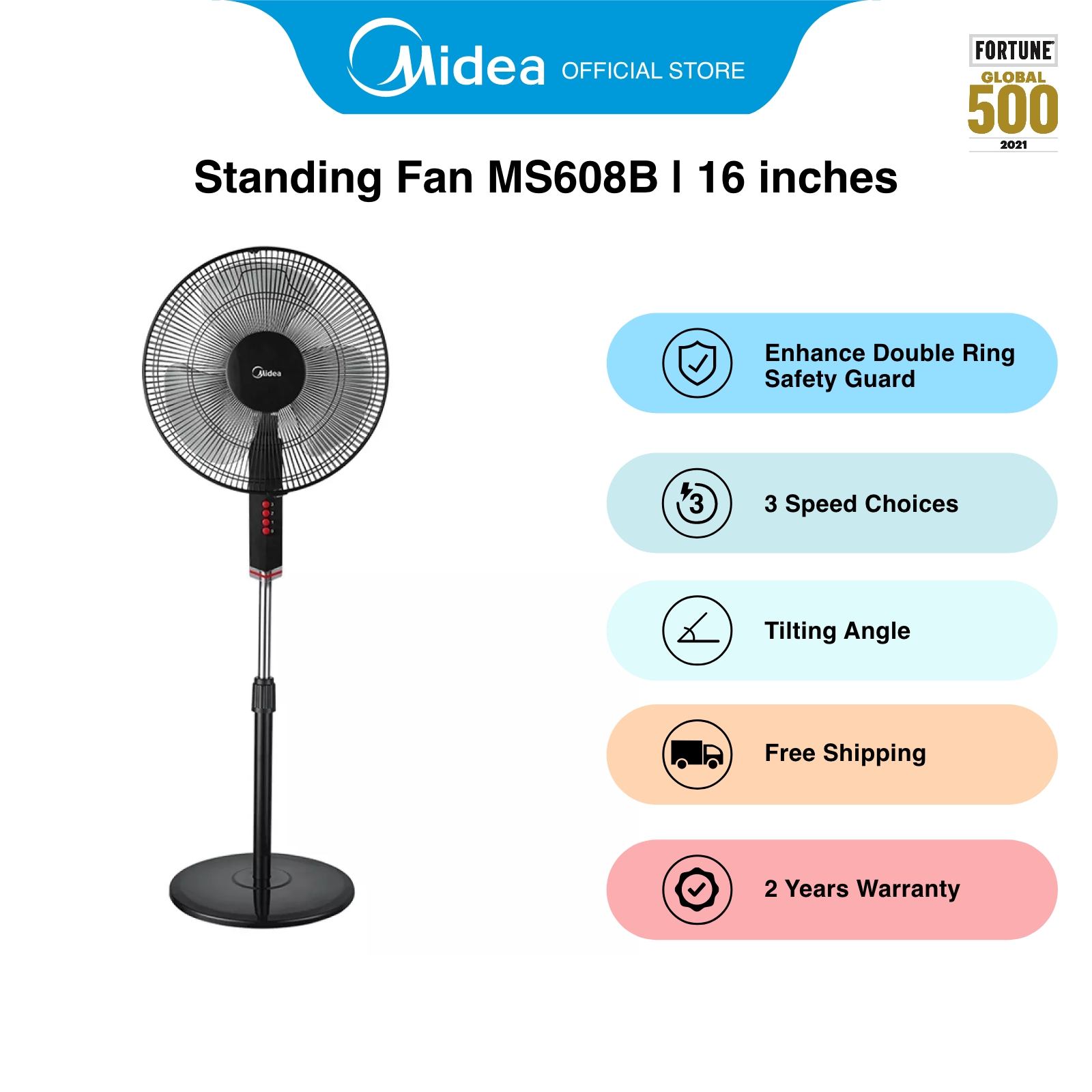 Midea MS608B Black Oscillation Stand Fan, 16 Inches