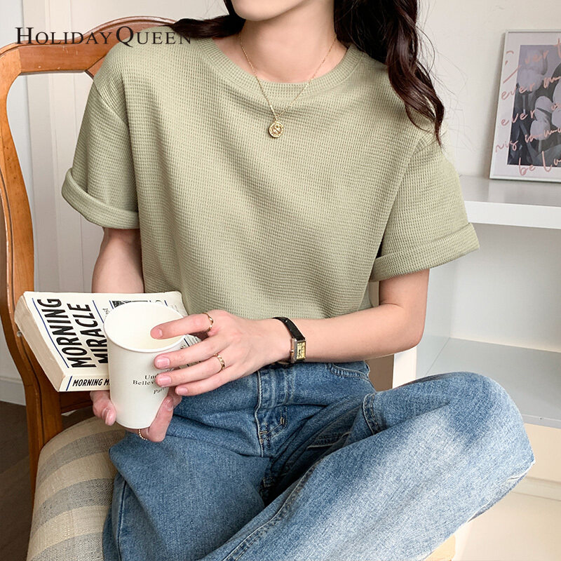 HolidayQueen Matcha Green Short-sleeved T-shirt Women's Korean Version 2022 Summer New Waffle Loose All-match Top S M L XL Free Shipping HQ1261